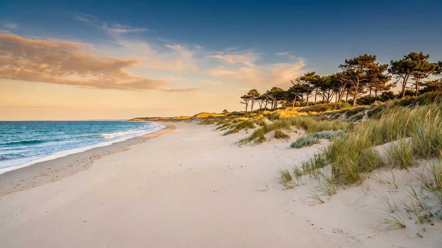 Une large plage de sable de l'île de Ré à l'heure dorée, sable fin clair et douces vagues bleu turquoise