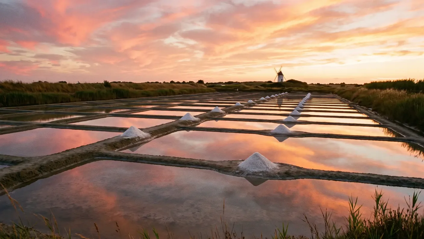 Les marais salants du nord de l'île de Ré à l'heure dorée, mosaïque géométrique de bassins peu profonds reflétant le ciel