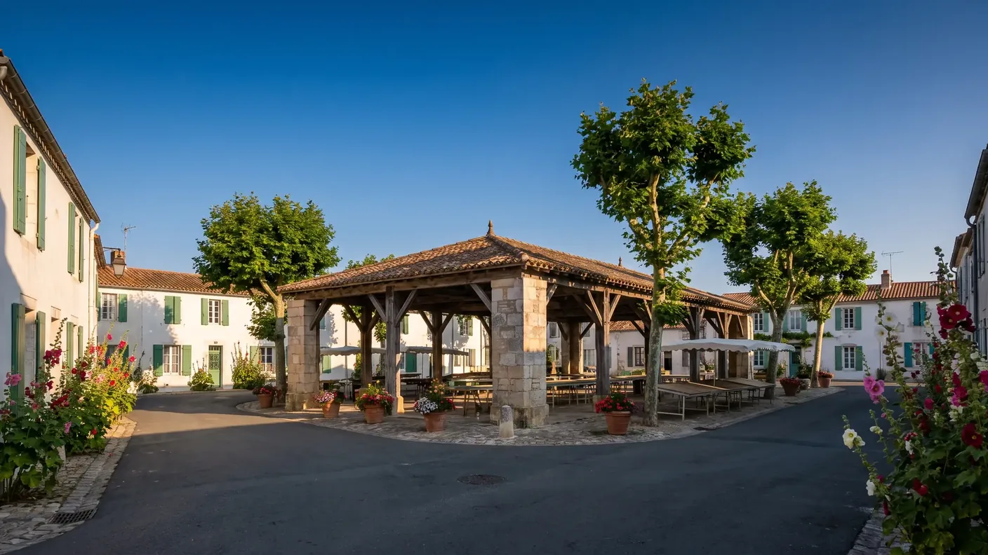 Une place de village de l'île de Ré le matin, une halle de marché couverte ancienne en pierre et bois à toit de tuiles