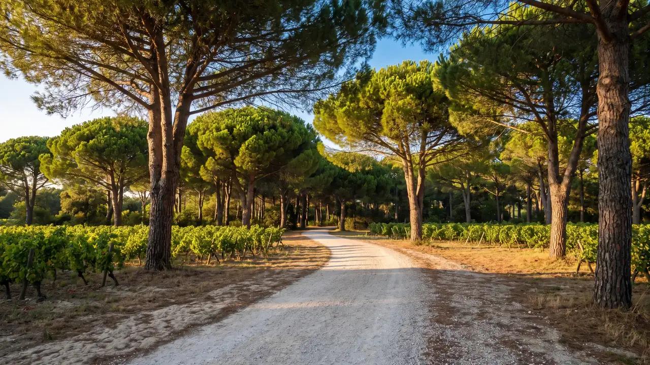 Piste cyclable entre pins et vignes près du Bois-Plage-en-Ré