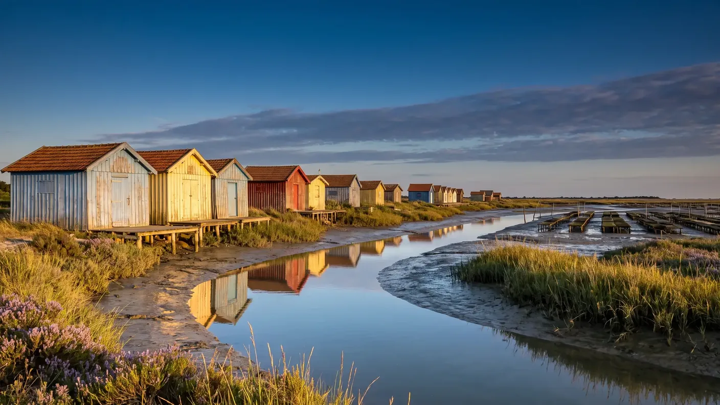 Une rangée de cabanes ostréicoles en bois aux couleurs pastel le long d'un chenal à marée basse sur l'île de Ré