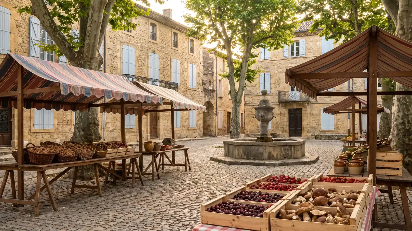 Marché du Bugue sous les platanes, avec produits du Périgord