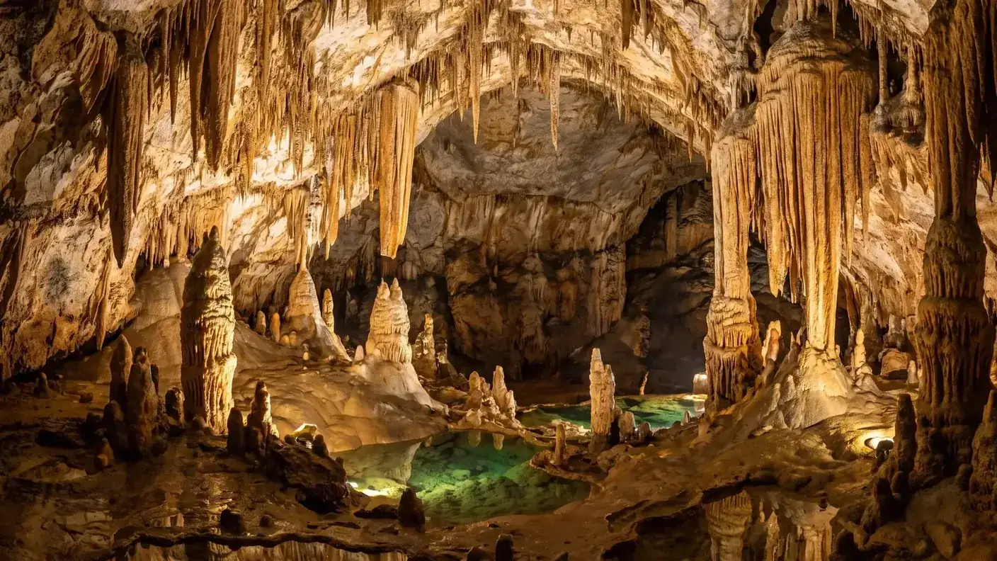 Stalactites et bassins éclairés dans le gouffre de Proumeyssac