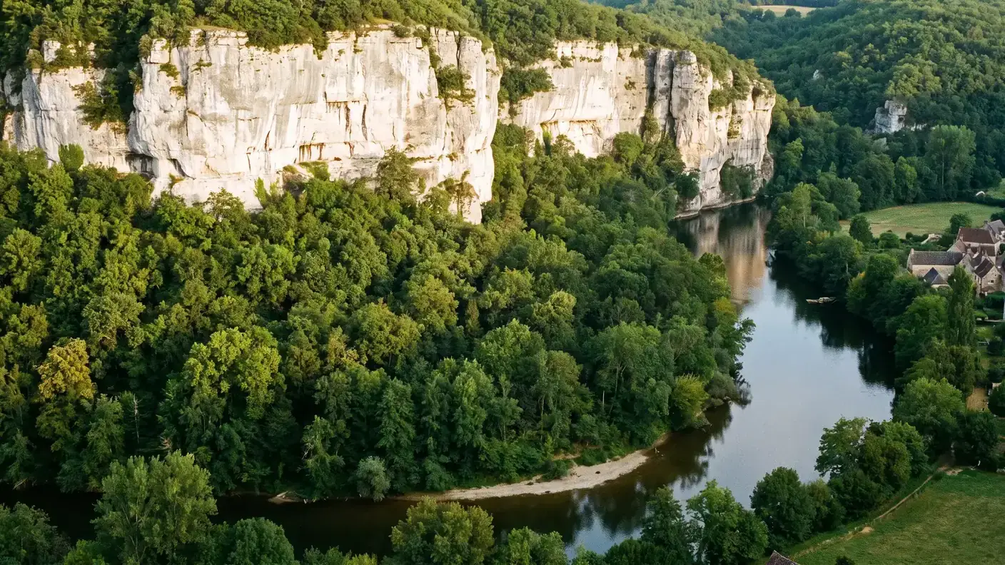 Falaise calcaire du Coniacien dominant un méandre de la Vézère près du Bugue, forêt dense et rivière calme