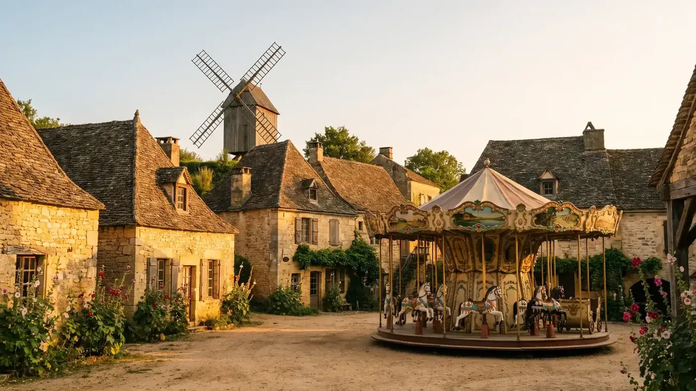 Village 1900 du Bournat avec maisons de lauzes et manège ancien