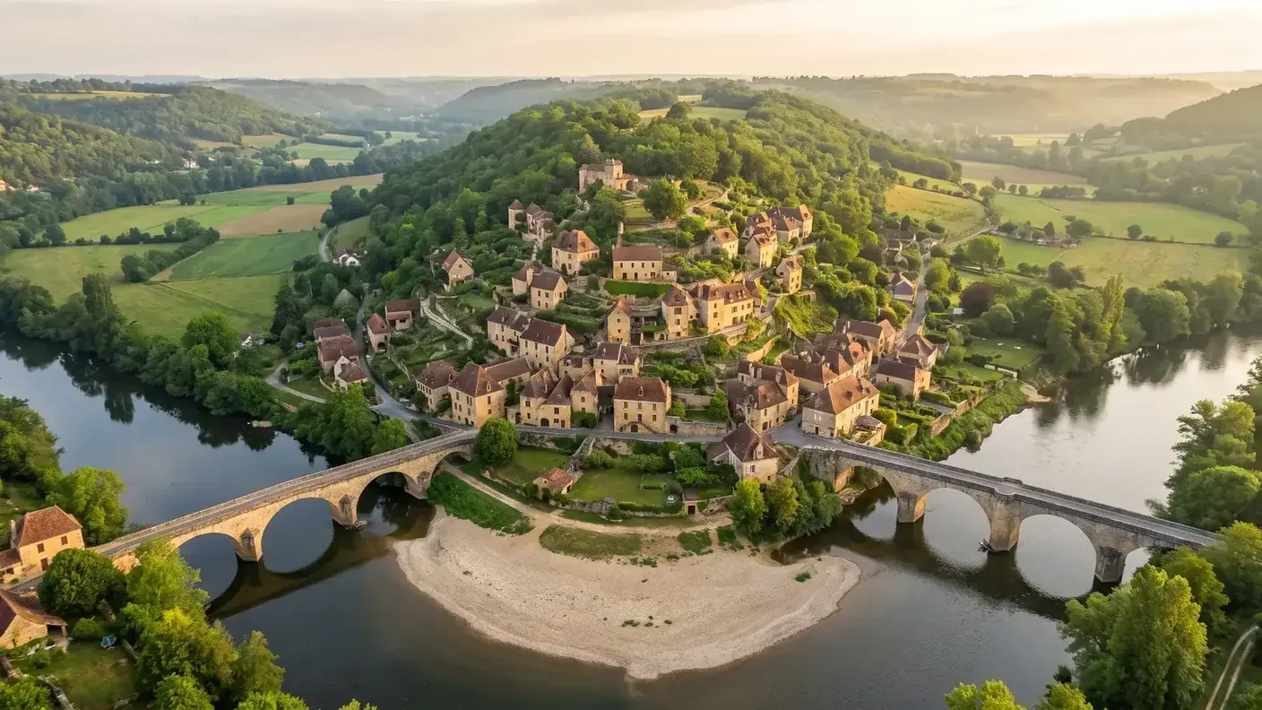 Le village perché de Limeuil au-dessus du confluent de la Vézère et de la Dordogne, deux ponts de pierre et plage de galets