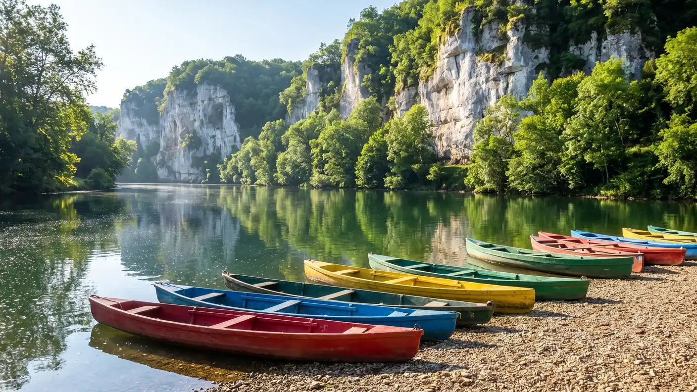 Canoës colorés alignés sur un banc de galets de la Vézère près du Bugue, falaises calcaires blanches en arrière-plan
