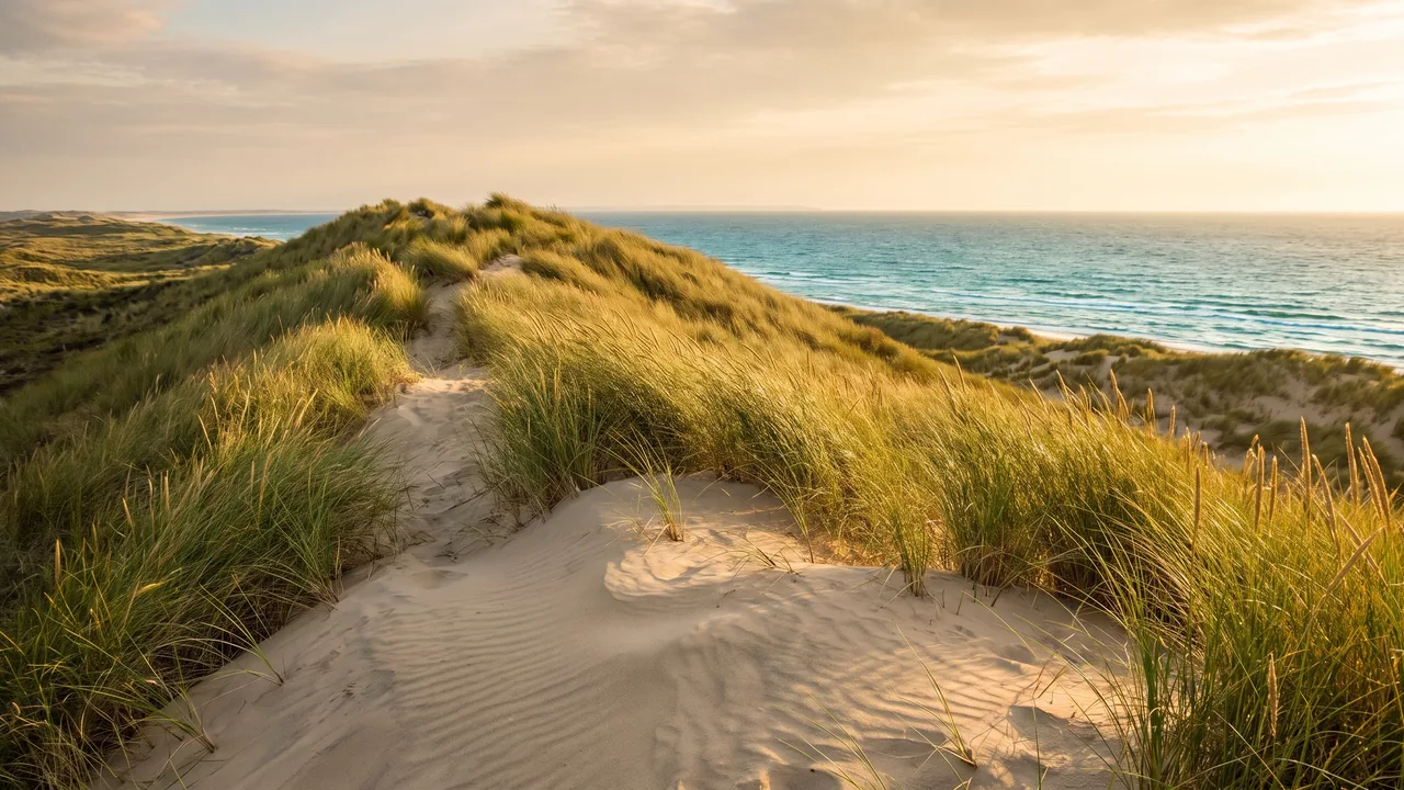 Crête de dune couronnée d'oyats au Porge-Océan sous un ciel chaud, l'océan miroitant au-delà de la pente