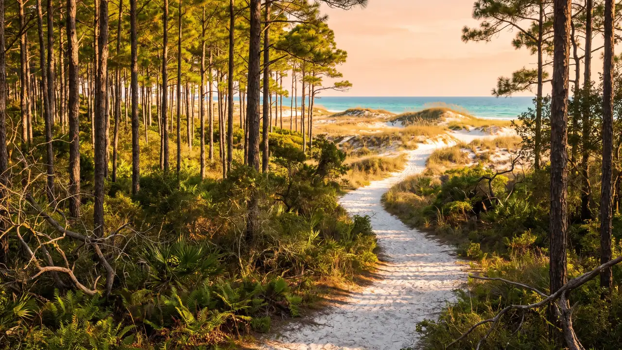 Sentier de sable clair sortant d'une forêt de pins ensoleillée vers les dunes et l'océan au Porge, lumière dorée