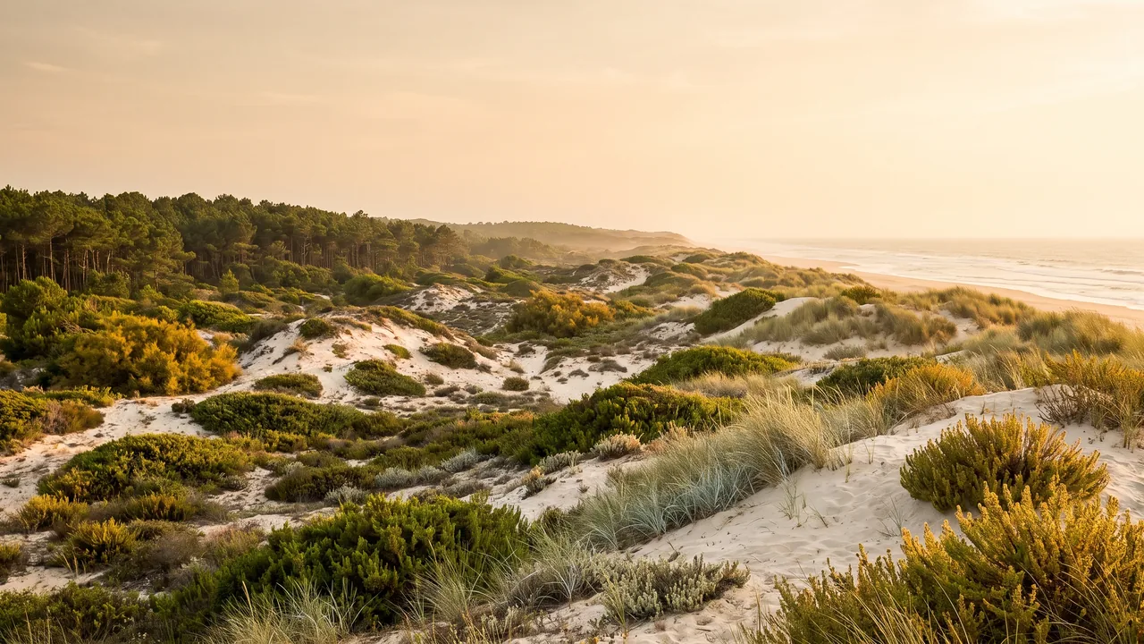 Lande d'arrière-dune entre la forêt de pins et la plage au Porge, bruyère basse et oyats sous une lumière chaude