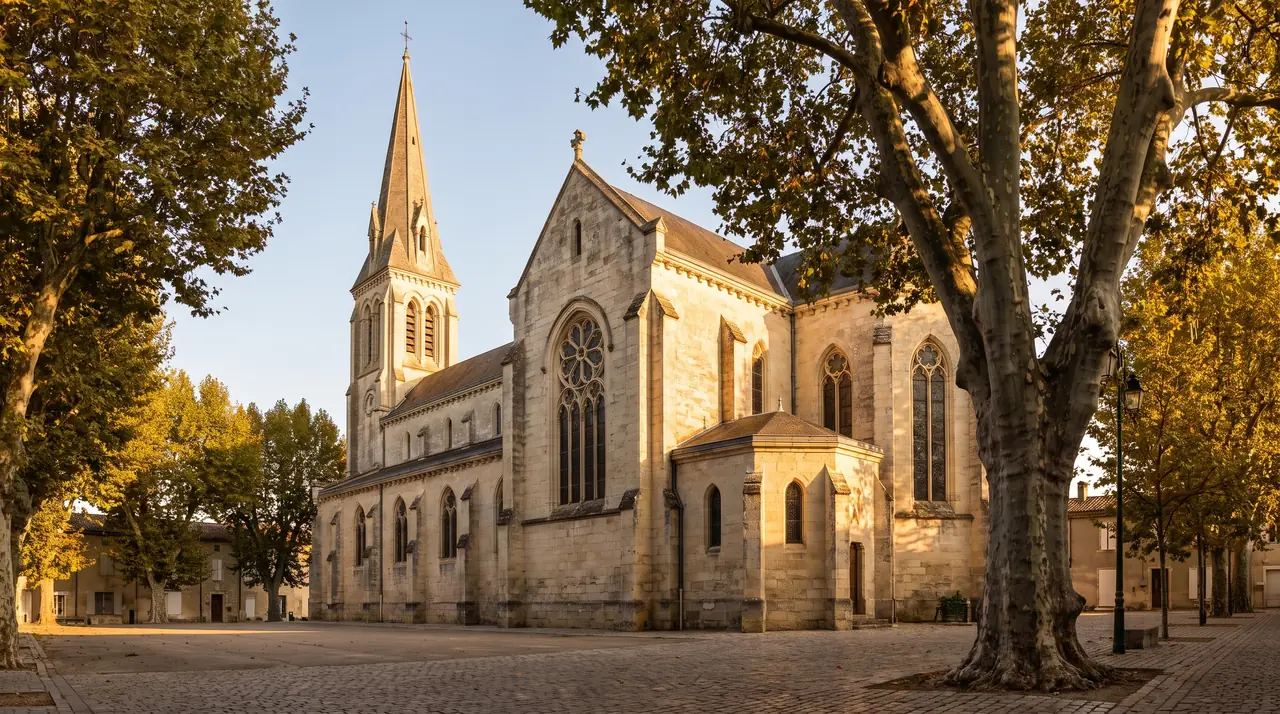 Église néogothique Saint-Seurin du Porge, flèche élancée et fenêtres en arc brisé sur une place plantée d'arbres