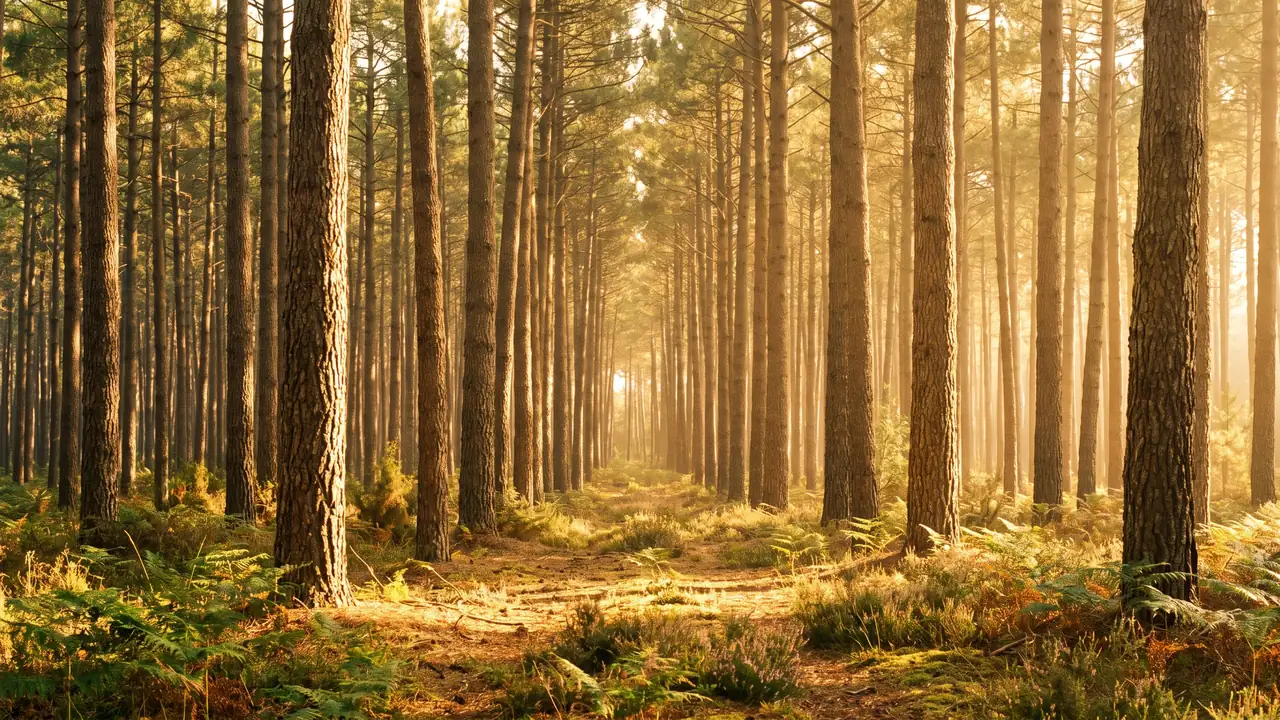 Immense forêt de pins maritimes du Porge dans une lumière dorée, troncs droits à perte de vue, sol de fougères