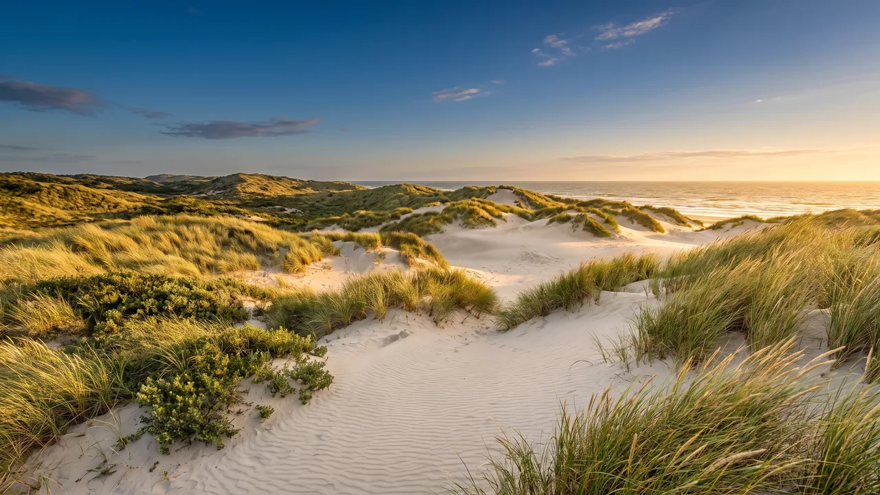 Cordon de dunes du Porge, sable pâle couronné d'oyats sous un ciel chaud, l'océan miroitant au-delà de la crête