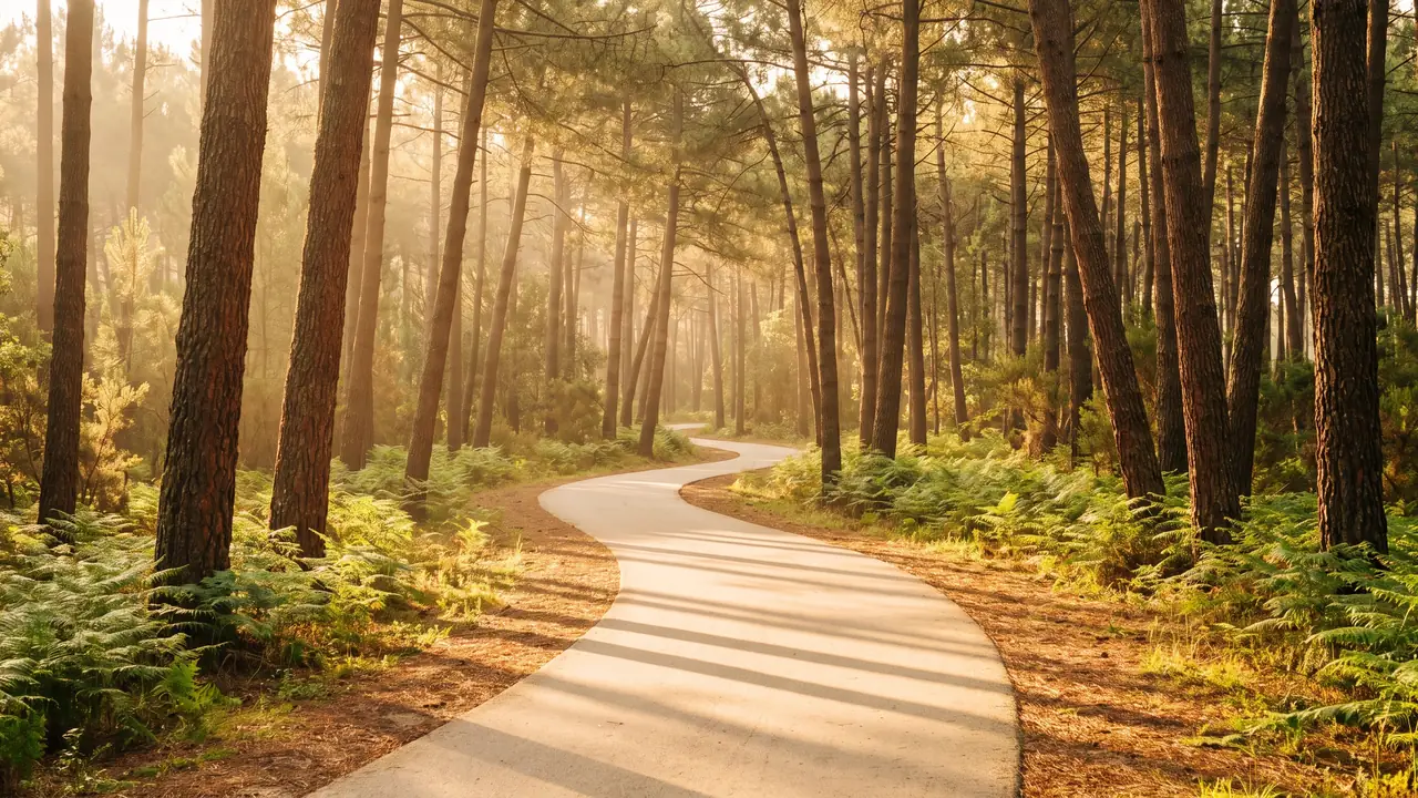 Piste cyclable déserte de tarmac clair serpentant dans la forêt de pins maritimes du Porge, longues ombres et lumière chaude