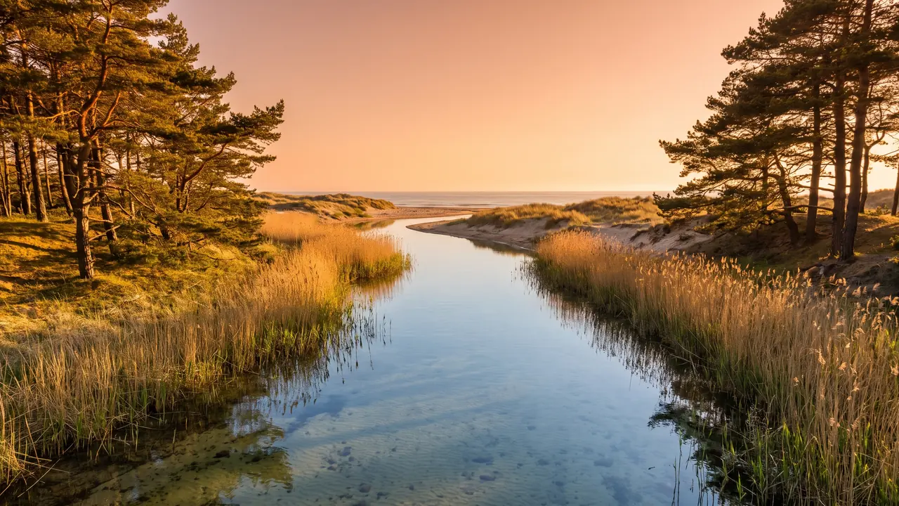 Ruisseau clair serpentant entre pins et roseaux vers les dunes du Porge, eau calme dans une lumière dorée