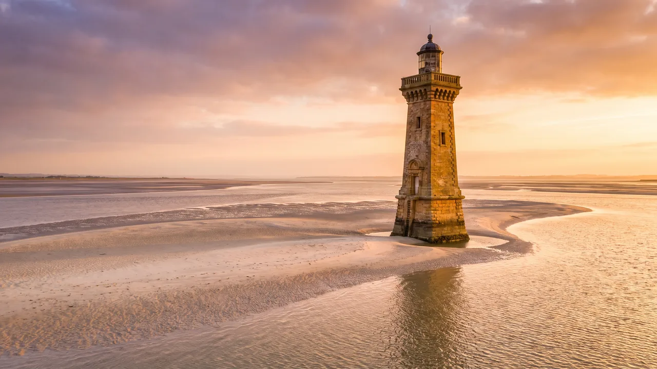 Phare de pierre ouvragé de Cordouan s'élevant d'un banc de sable pâle dans les eaux miroitantes de l'estuaire