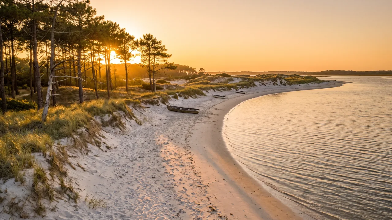 Plage de sable abritée côté estuaire au Verdon-sur-Mer au soleil couchant