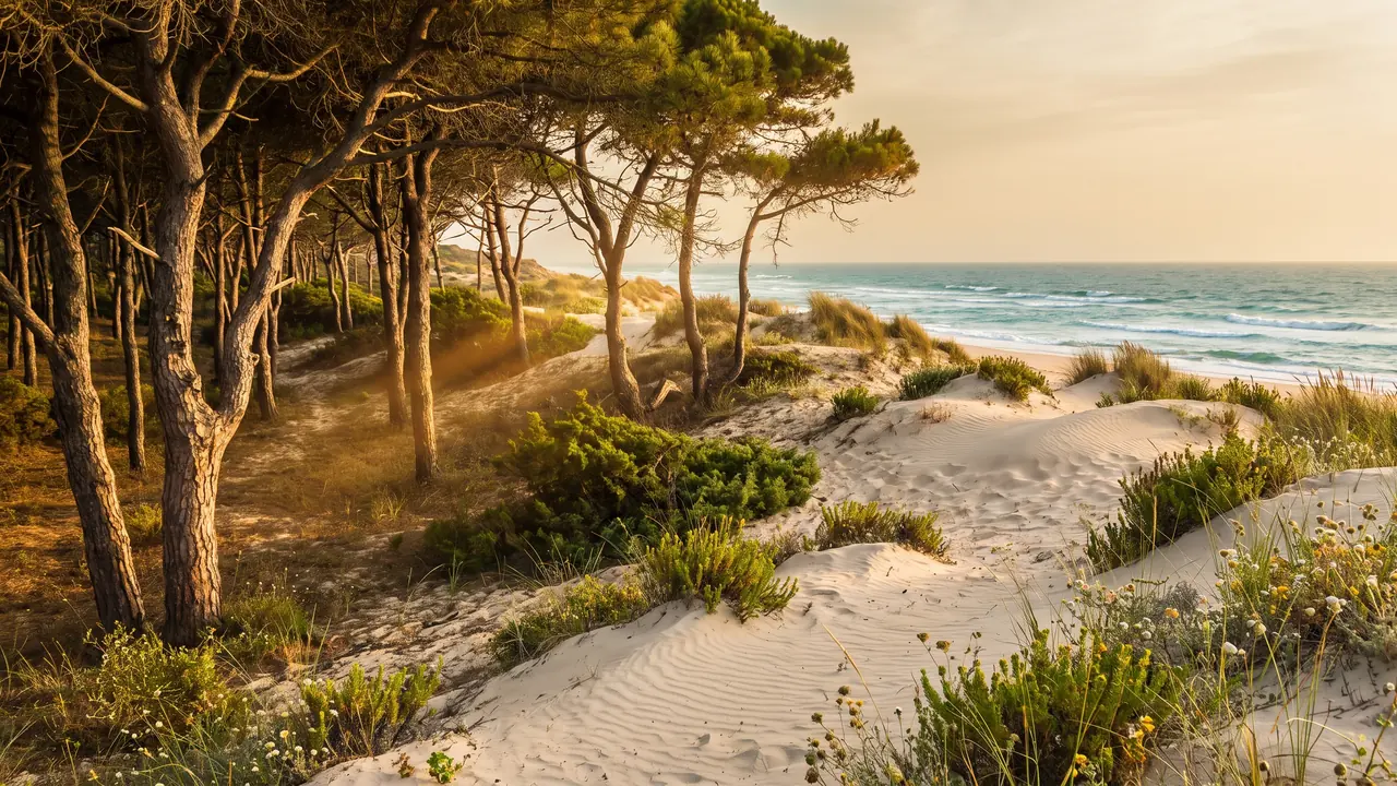 Lisière de forêt de pins maritimes rejoignant de hautes dunes près du Verdon-sur-Mer