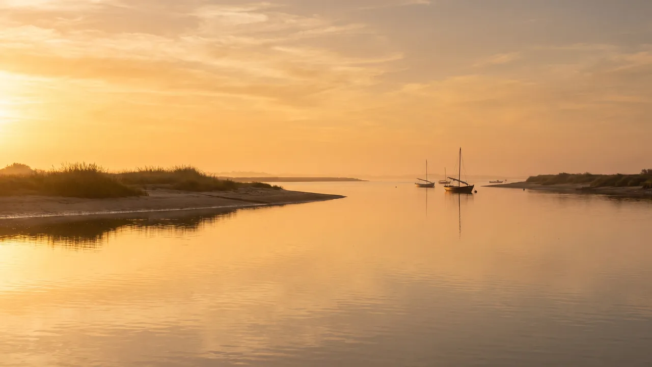 Coucher de soleil orangé sur l'estuaire de la Gironde depuis Le Verdon-sur-Mer