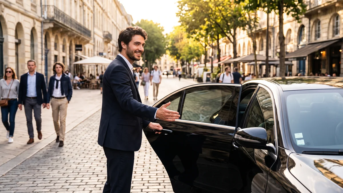 Chauffeur VTC ouvrant la portière à un passager à Bordeaux en journée