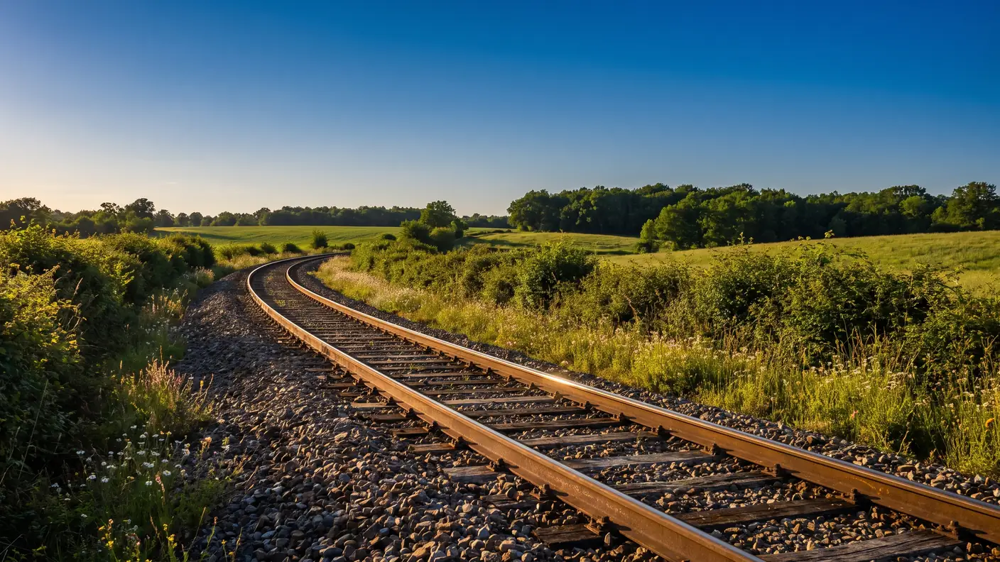 Une voie ferrée traversant une campagne verdoyante à la lumière dorée, les rails vides serpentant entre haies et champs