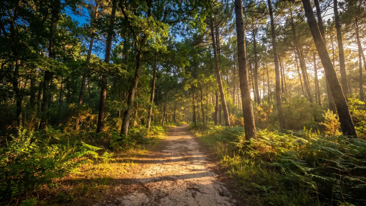 Un sentier forestier dans un bois de chênes et de pins, lumière dorée filtrant entre les arbres sur un chemin de sable