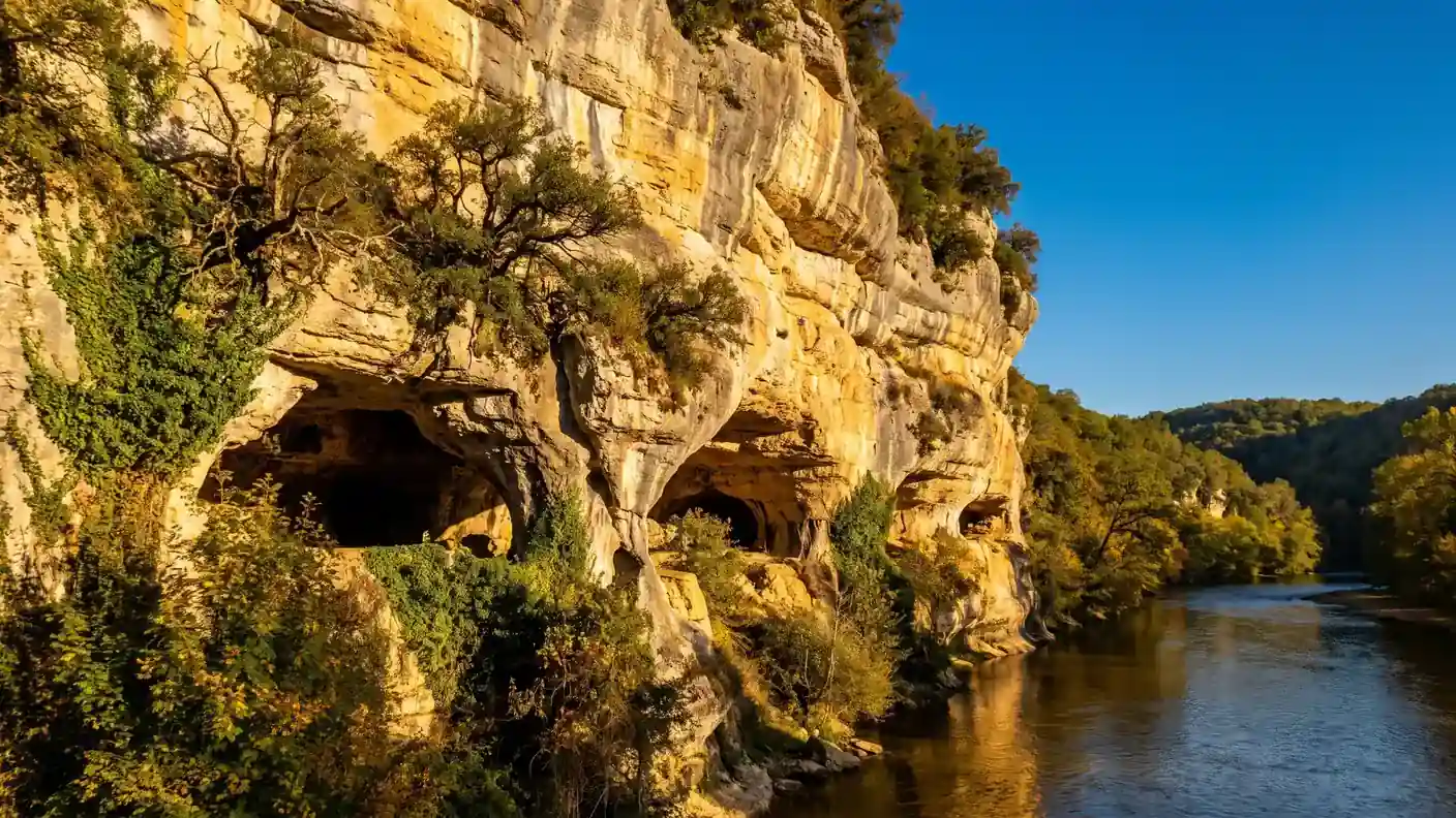 Falaise calcaire dorée de la vallée de la Vézère creusée d'abris sous roche naturels, végétation accrochée à la paroi