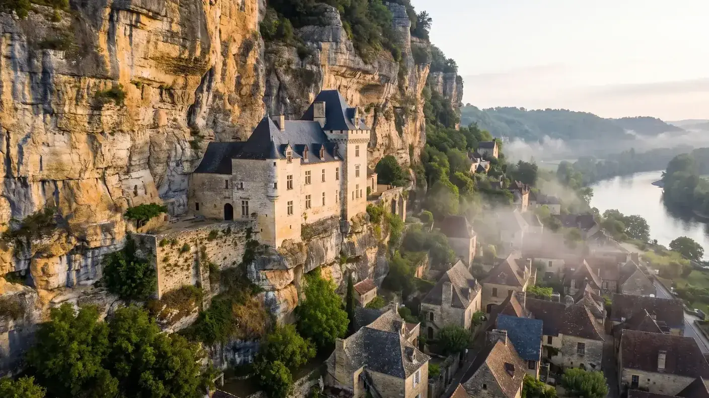 Château de pierre claire construit sur une corniche à flanc de falaise calcaire, dominant les toits du village des Eyzies