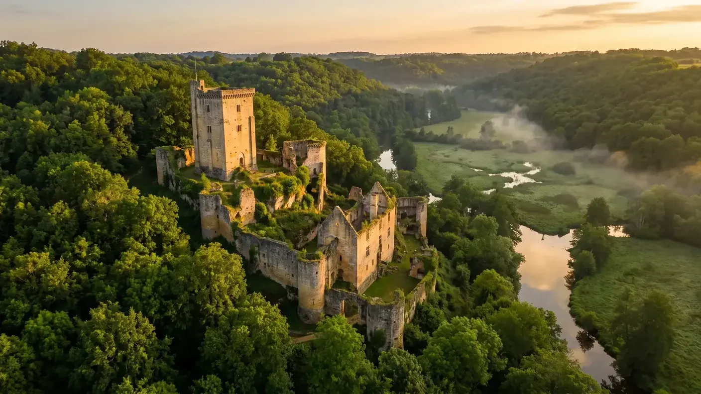 Les ruines du château fort de Commarque et son donjon carré émergeant de la forêt dans la vallée de la Beune au soir