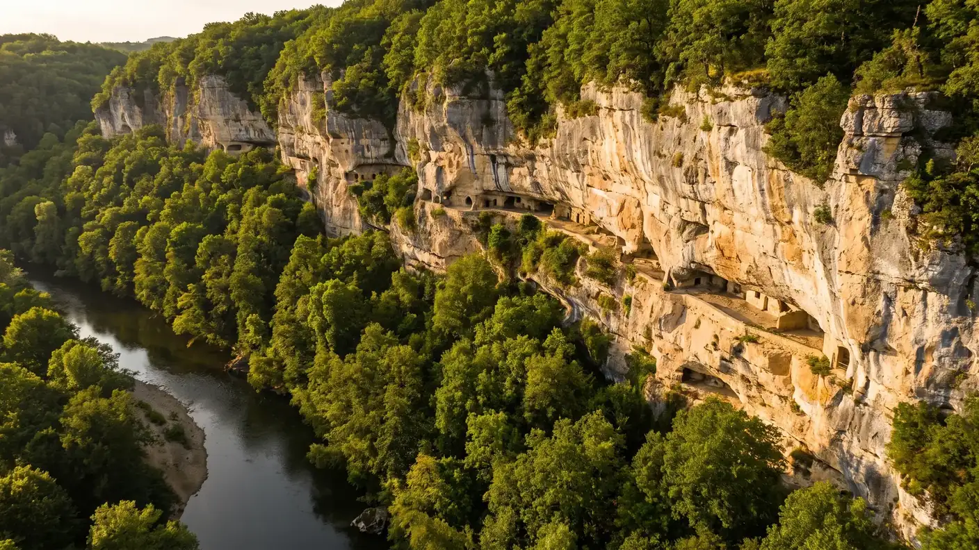 Longue falaise calcaire aux terrasses troglodytiques naturelles dominant la Vézère et la forêt, lumière dorée