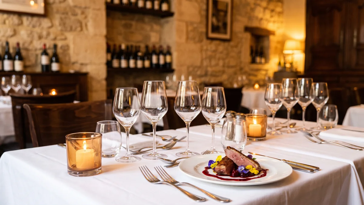 Table dressée d'un restaurant gastronomique à Bordeaux, ambiance dîner du soir