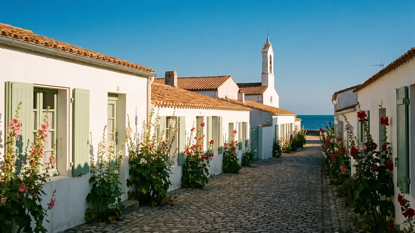 Une ruelle tranquille d'un village blanc à la pointe de l'île de Ré à l'heure dorée