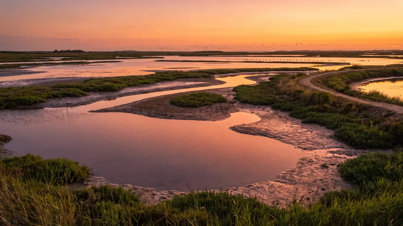 Une vaste zone humide et réserve d'oiseaux à la pointe de l'île de Ré à l'heure dorée
