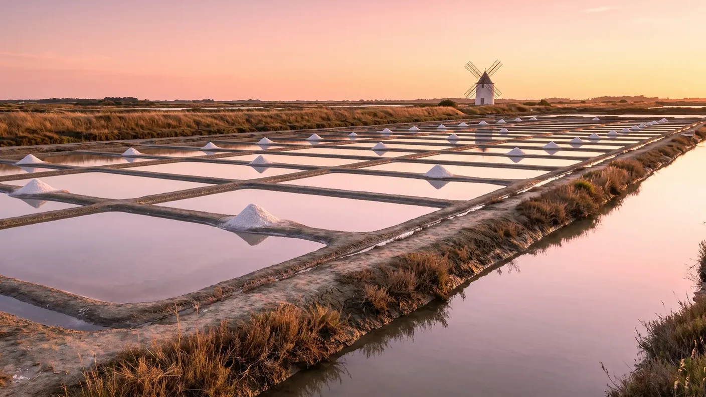 Les marais salants du nord de l'île de Ré à l'heure dorée, mosaïque géométrique de bassins peu profonds reflétant le ciel