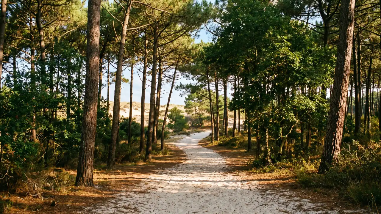 Un chemin de sable serpentant à travers la forêt de pins maritimes et de chênes verts à la pointe de l'île de Ré