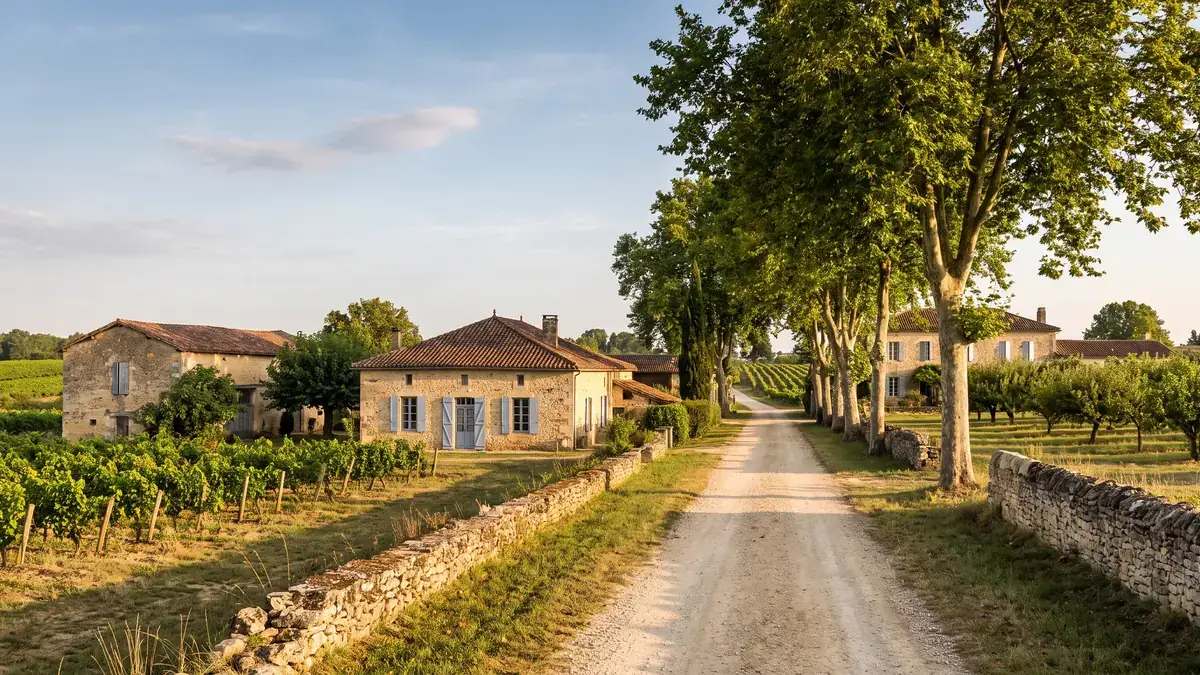 Chemin entre fermes et vergers près de Lévignac-de-Guyenne