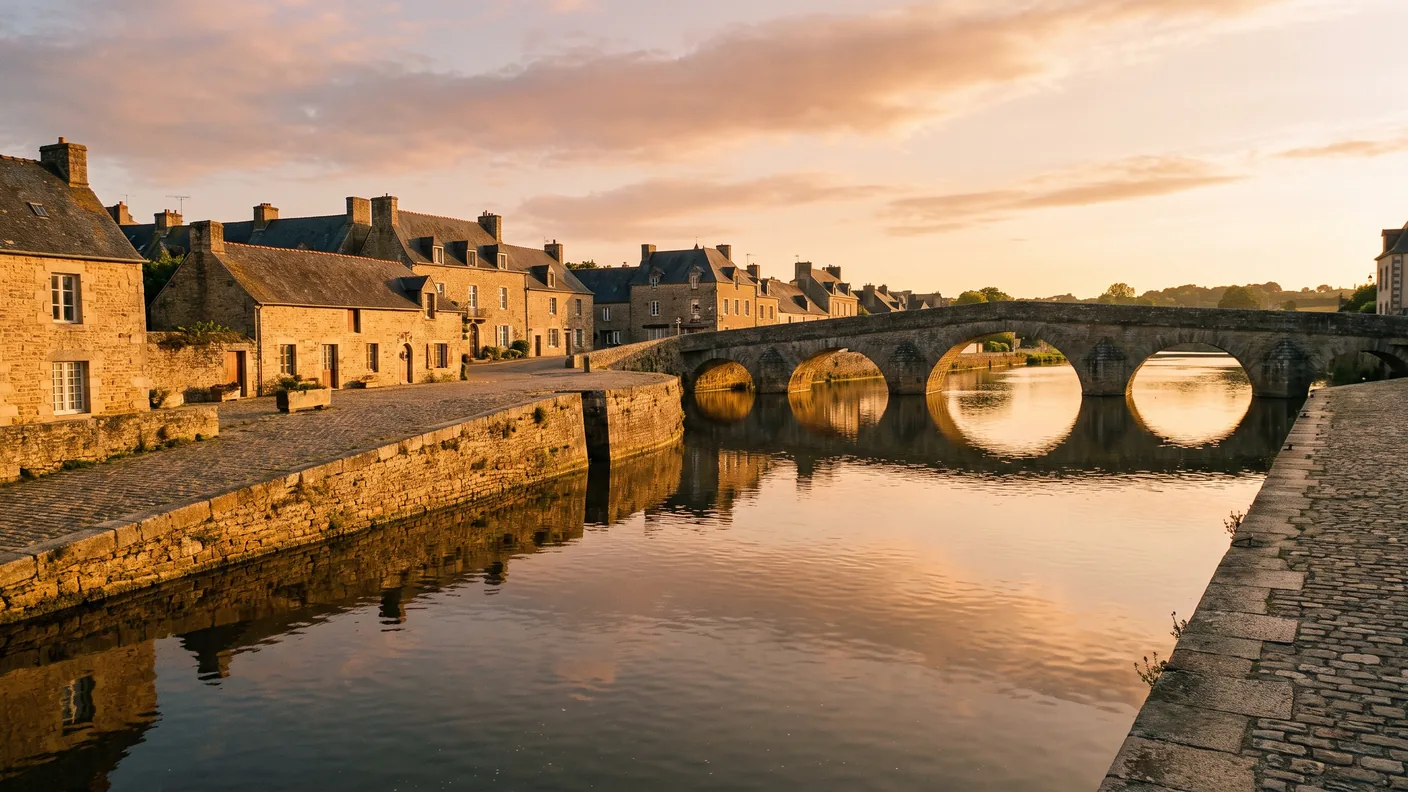 Quais de pierre de Libourne au bord de la rivière au soleil couchant, berges de pierre claire, pont en arc et reflets