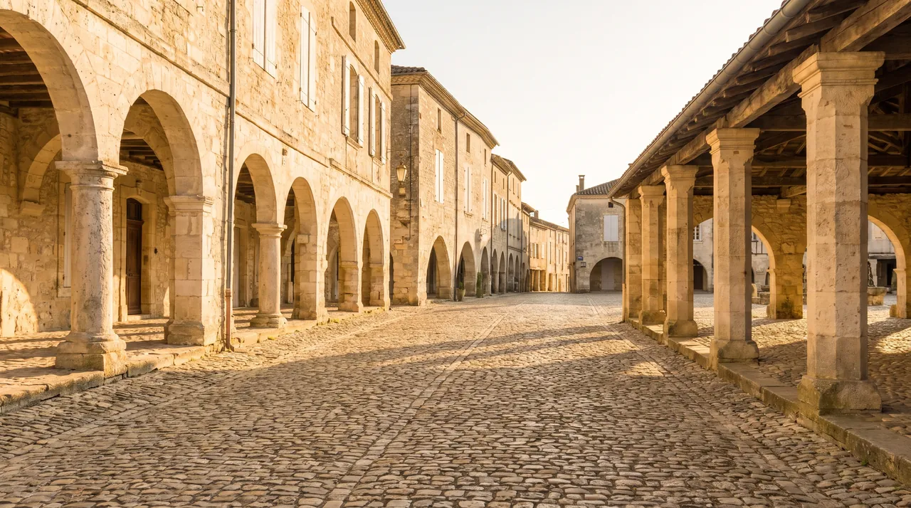 Grande place de bastide à Libourne bordée de maisons de pierre claire à arcades et couverts