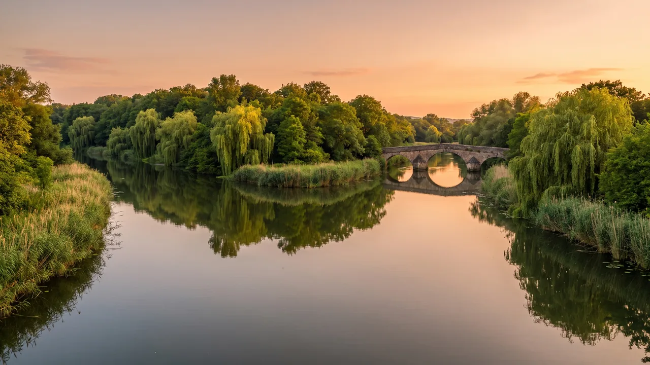 Confluent paisible de deux rivières calmes se rejoignant entre des berges boisées et verdoyantes au soleil couchant