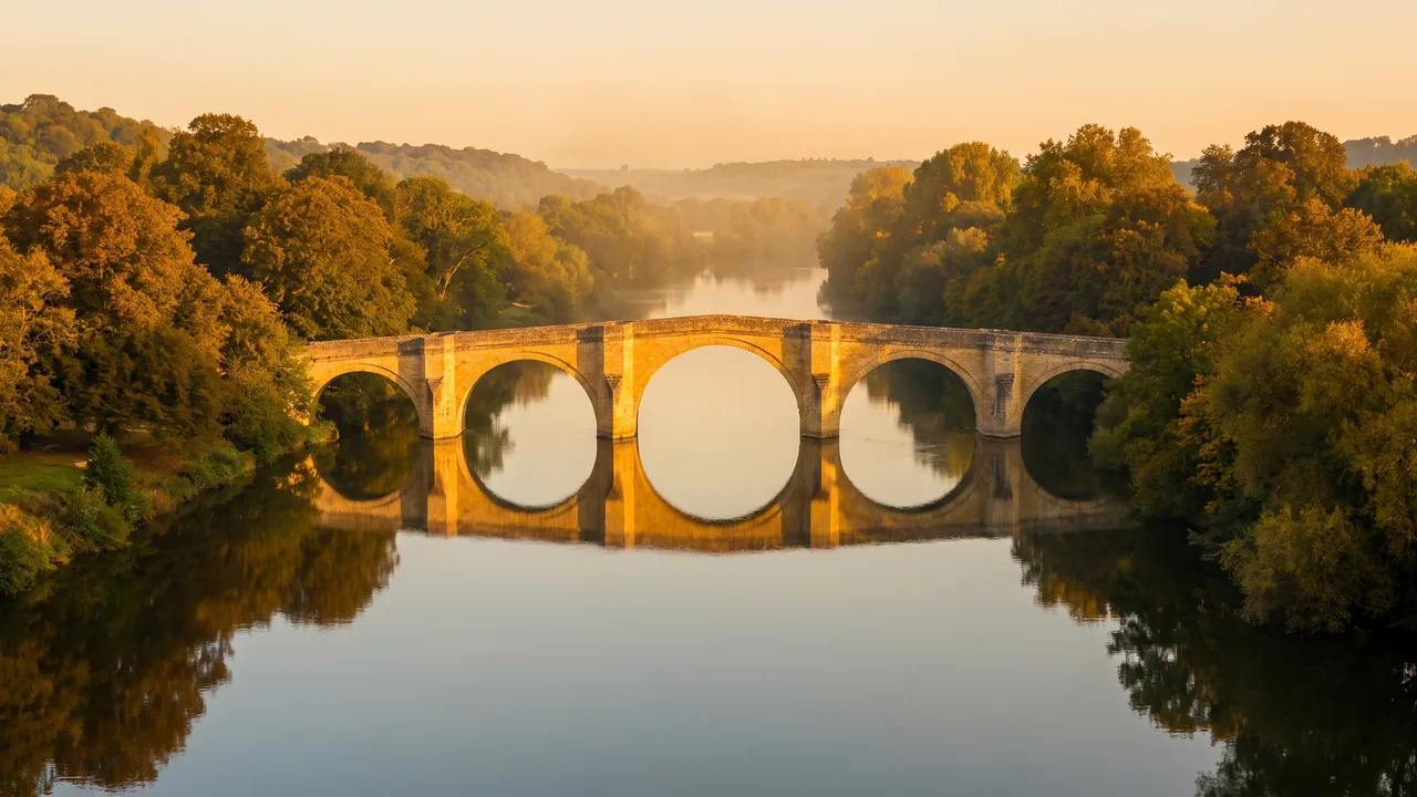 Élégant pont de pierre à plusieurs arches enjambant une rivière calme à Libourne au soleil couchant
