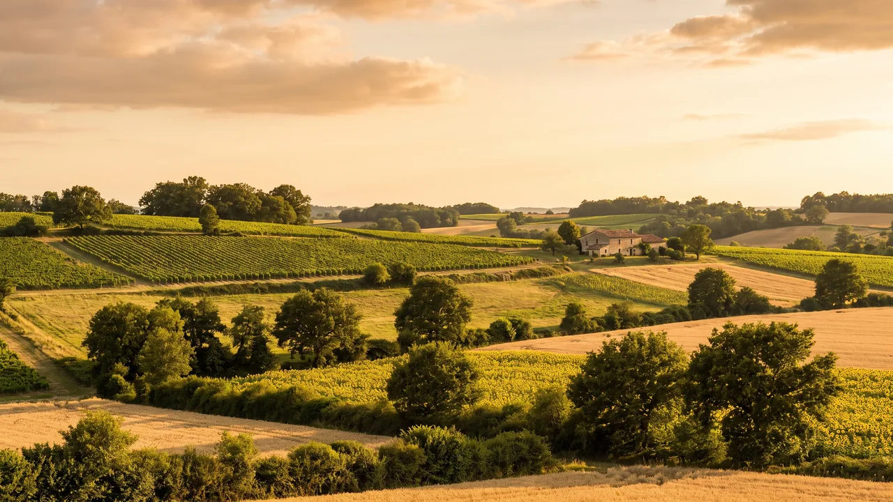 Campagne vallonnée du Libournais au soleil couchant, vignes, champs