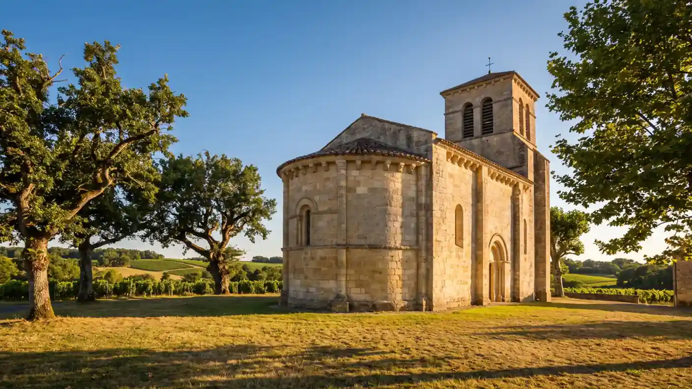 Petite église romane en pierre claire à chevet arrondi et modillons sculptés à Lignan-de-Bordeaux, lumière chaude