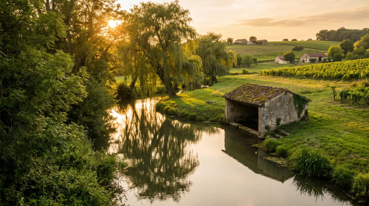 Ruisseau boisé serpentant dans une vallée verte de l'Entre-deux-Mers à Lignan-de-Bordeaux, vieux lavoir de pierre