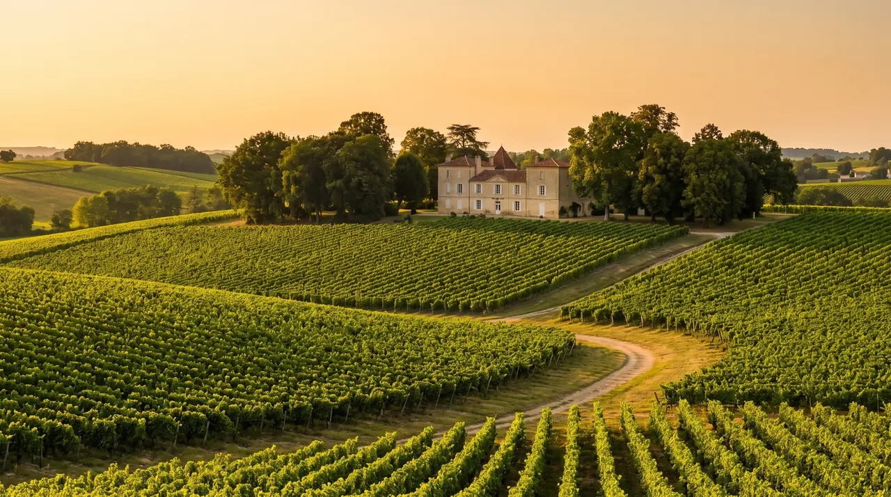 Rangs de vignes de Bordeaux Supérieur sur des coteaux doux près de Lignan-de-Bordeaux au soleil couchant, château au loin
