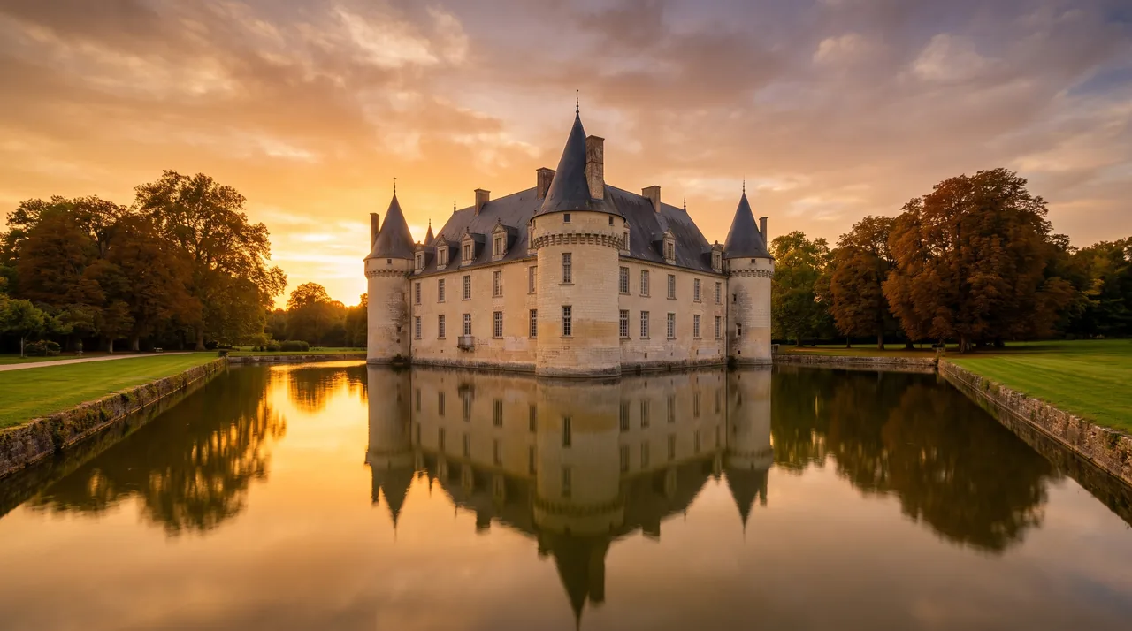Manoir ancien en pierre claire à tourelles entouré de douves en eau à Lignan-de-Bordeaux, reflets et lumière dorée