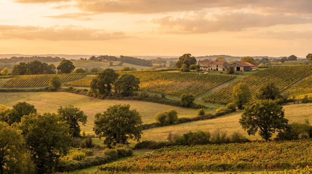 Campagne vallonnée de l'Entre-deux-Mers à Lignan-de-Bordeaux au coucher du soleil, vignes, bois de chênes et ferme