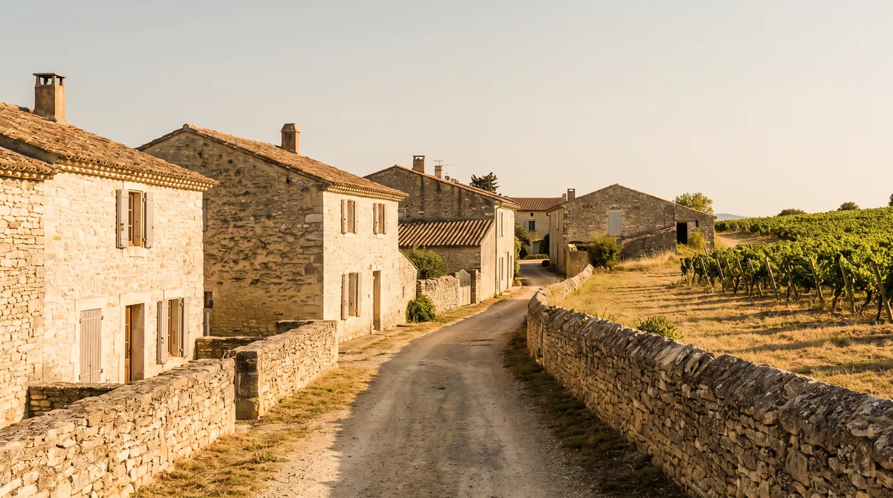 Ruelle tranquille d'un hameau de pierre à Lignan-de-Bordeaux, maisons claires à volets au bord d'une vigne, lumière chaude