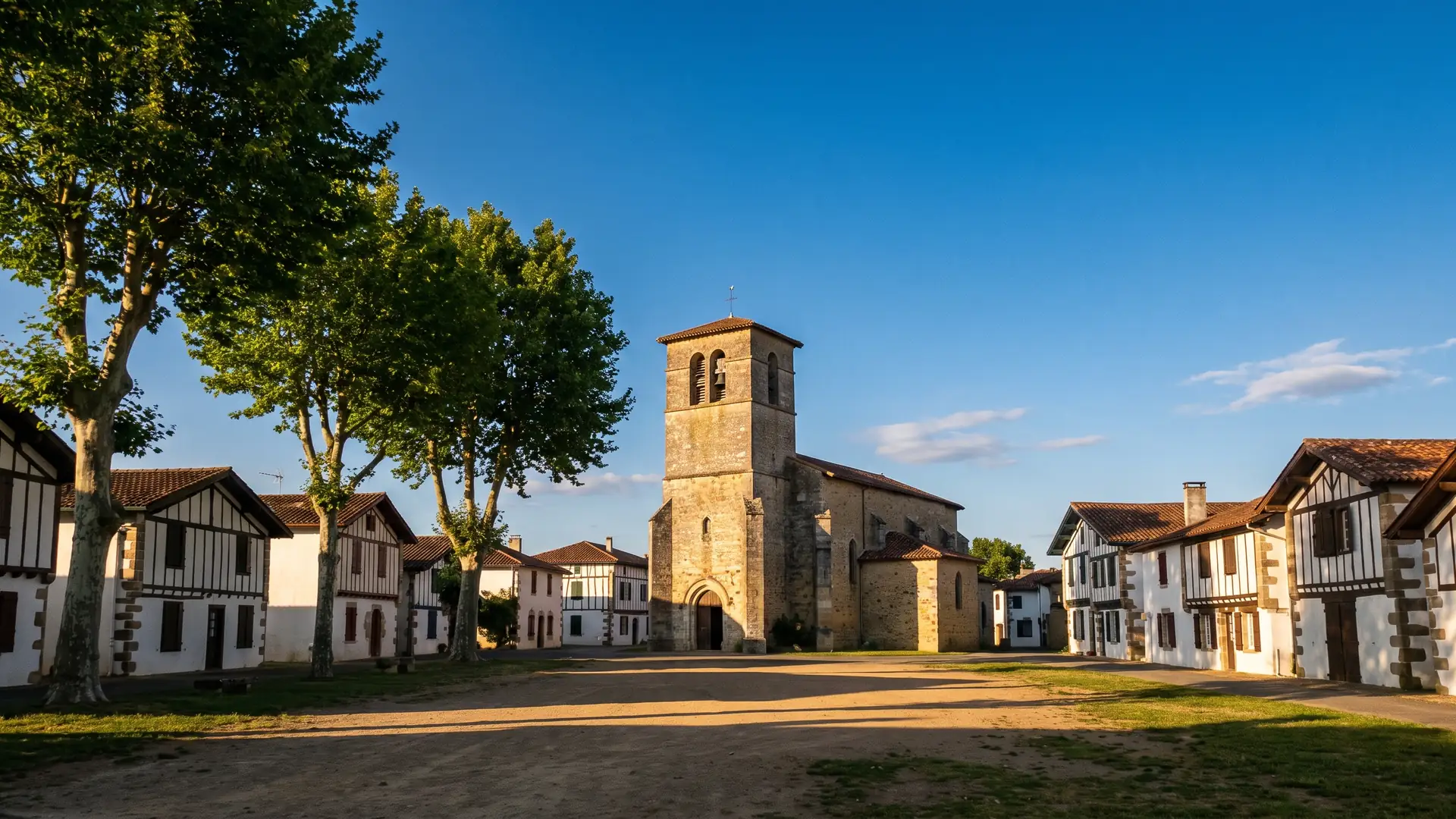 Une église de pierre au solide clocher carré et des maisons landaises à colombages autour d'une place ombragée de platanes