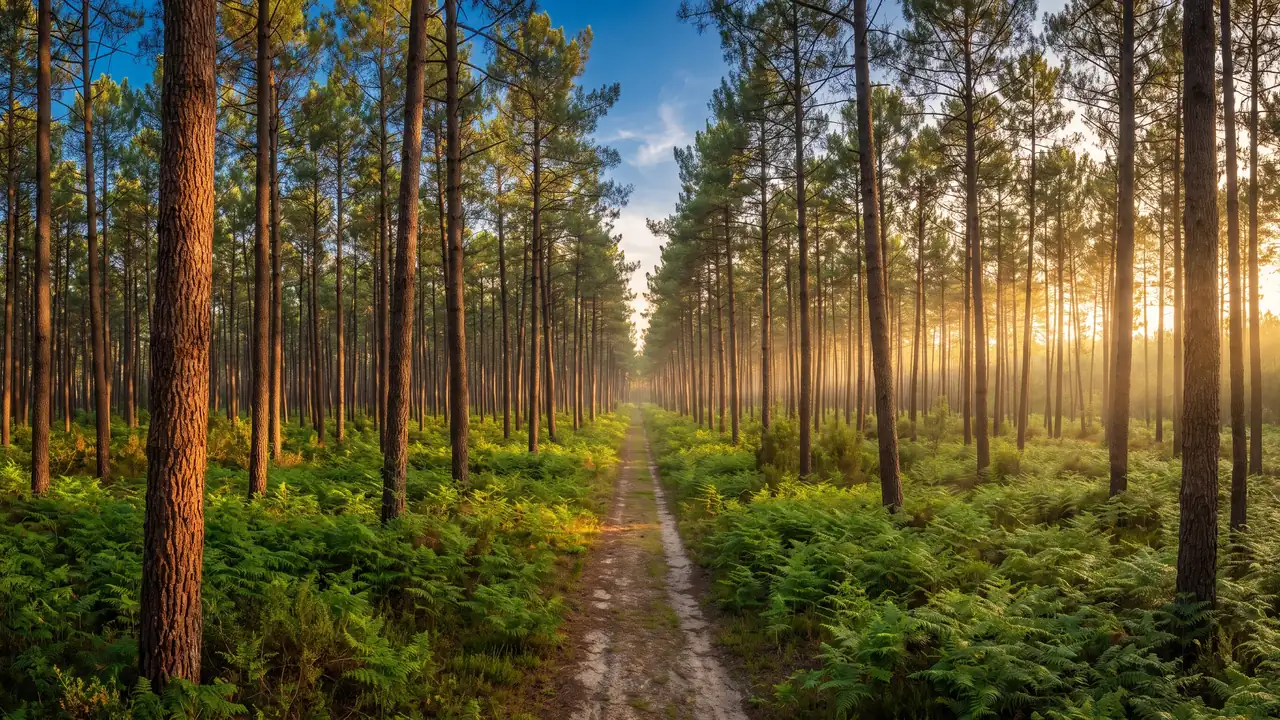Une immense forêt de pins maritimes droits sur un tapis de fougères, piste sablonneuse filant vers l'horizon