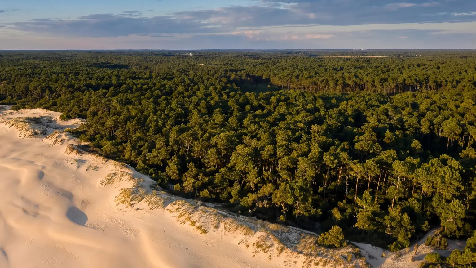 Le ruban de dunes pâles séparant la plage océane déserte de la forêt de pins landaise s'étirant à l'horizon